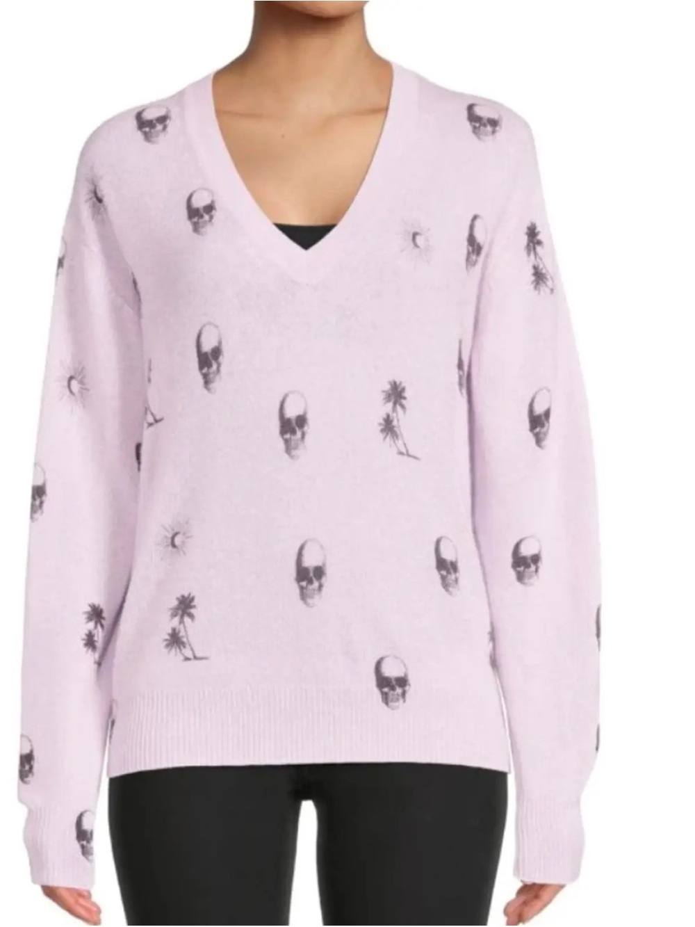 360 Cashmere Sol Skull V Neck Lightweight Sweater.
